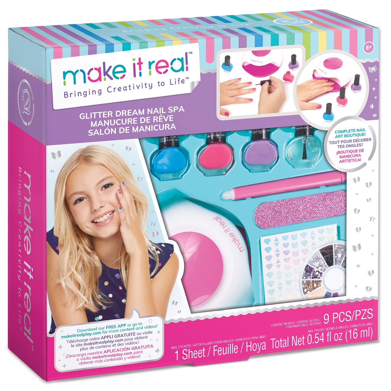 Make It Real Glitter Dream Nail Spa - Complete Nail Art Boutique, 9 Piece Set, At Home Manicure & Pedicure, Tweens & Girls, Nail Polish, Nail Dryer & Accessories, All-In-One Nail Kit, Kids Ages 8+